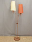 A retro copper and teak twin electric lamp,