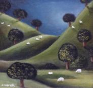 J Marek acrylic on board hilly landscape with sheep,
