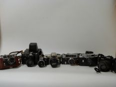 A quantity of SLR, Russian and other cameras including Ricoh KR10 with Pentax 1:3.5-4.