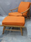 Ercol light elm low lounger chair 427-2 with matching footstool and original orange upholstered