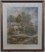 John Joseph Hughes watercolour Coming Home, cottage with sheep being driven in the lane,