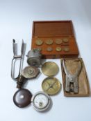 A quantity of collectables including compass, ammeter, Stenda paperclip,