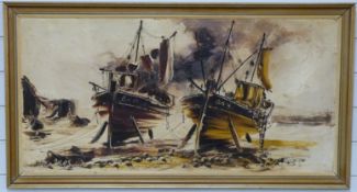 Bill Hawkes of Upton-on-Severn acrylic on board of boats,