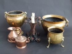 Brass jardinieres and copper items including jug,