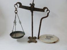 19thC shop beam scales with ceramic pan together with a quantity of weights