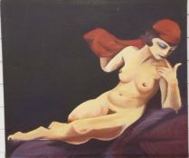 Linda Boucher oil on canvas of a nude wearing a head scarf in Art Deco style,