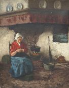 R Bos oil on canvas lady by a fire,