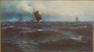 I Holden pastel seascape with boats, signed and dated 1903 lower left,