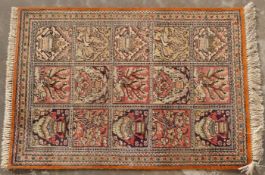 Persian silk prayer rug with decoration in the form of animals and vases on orange ground,