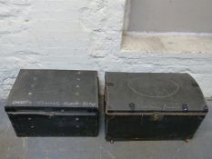 Three vintage metal bound trunks with studwork