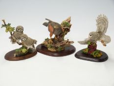 Three Country Artists birds comprising Little Owls in flight with letter box,