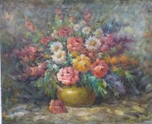 F Cachard Oil on canvas still life of flowers in a vase, signed lower left,