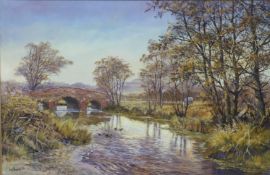 Don Vaughan 20thC oil on canvas river landscape with bridge and horses, signed lower left,