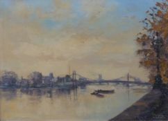 Phyllis Morgan RGI oil on canvas of a suspension bridge,