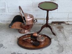 A copper scuttle, inlaid tray, small wine table,
