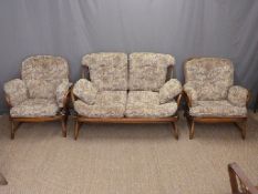 Ercol sofa and two chairs with removable cushions,
