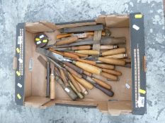A collection of vintage wood carving chisels, spirit levels etc, names including Rabone,