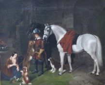 Dutch 19th Century oil on canvas of two horses, cavalier, lady and dogs, in ornate gilt frame,