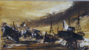 Bill Hawkes of Upton-on-Severn acrylic on board of boats