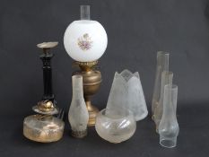 A late Victorian painted brass oil lamp base, together with a brass oil lamp,