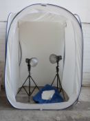 A large (approximately 2M high) Cubelite photography tent and four Lastolite lamps