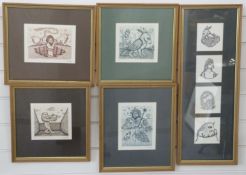 Gerald Steffe four signed etchings together with a framed set of four pen and ink sketches also