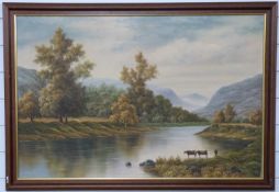 P Wilson oil on canvas cattle by a river in a mountainous landscape,