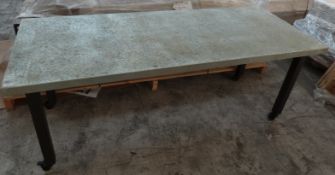 Ex-Superdry shopfitting or haberdashery table with metal top, raised on castors, L200 x W80 x H74cm,
