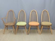 A set of four retro light elm Ercol dining chairs including one carver
