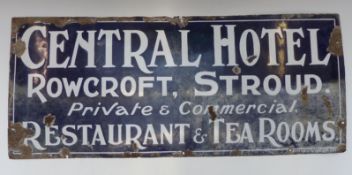 A vintage blue enamel sign 'Central Hotel, Rowcroft, Stroud, Private and Commercial.