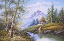Oil on canvas of an Alpine scene,