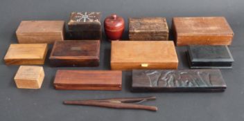 A quantity of wooden boxes and a boxed African board game