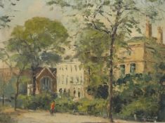 Phyllis Morgan RGI oil on canvas of a street scene, signed bottom right, 41x31cm,