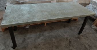 Ex-Superdry stores shopfitting or haberdashery table with metal top, raised on castors,