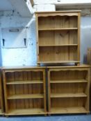 Pair of bookcases W83 x D29 x H99cm and a further pine bookcase