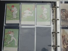 An album of mixed English and foreign postcards including cricket, seaside, humour,