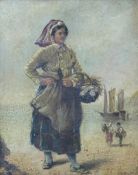 A 19thC oil on board lady on beach with boat beyond,