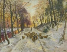Oil on canvas sheep being driven down a wooded track, signed lower right Farquhurson,
