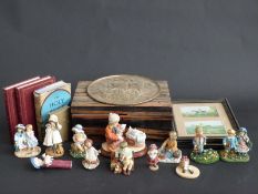 Coromandel wood box, prayer books, Leonardo figures, Jan Hagara figures, hunting prints,