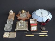 Inkwells including hallmarked silver mounted onyx example, oak and cut glass, penknives,