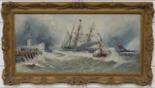 Possibly Frank Carson (1881-1961) oil on canvas of boats coming into port, signed lower left,