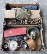 Collection of plated, copper and brassware, cased cutlery, three gas masks,