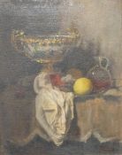 George Weissbort oil on board still life of a large twin handled urn, claret jug, fruit etc,