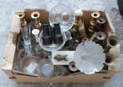 A collection of various brass, silver plate and treen items to include candlesticks, field glasses,