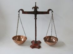 19thC wrought iron and copper beam scale with painted decoration,