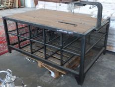 Large ex-Superdry stores shopfitting or haberdashery table with rustic planked top and mesh cubby