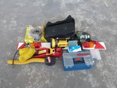 Quantity of vehicle related items to include trolley jacks, trailer light board, mini compressor,