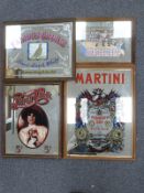 Four advertising mirrors comprising England's Glory matches, Martini,