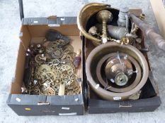 A quantity of brass items etc to include coal buckets, fire extinguisher, warming pan,