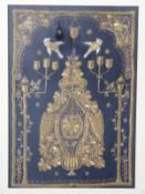 A 19thC/20thC gold thread work embroidery depicting a stylised tree and doves,